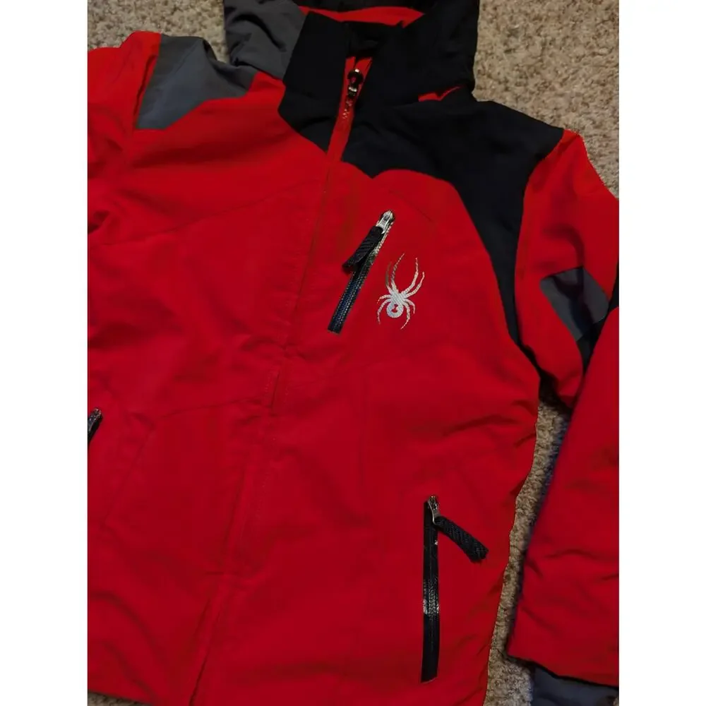 Spyder Boys Red Grey Hooded Ski Jacket Coat Winter Warm Size Kids 10